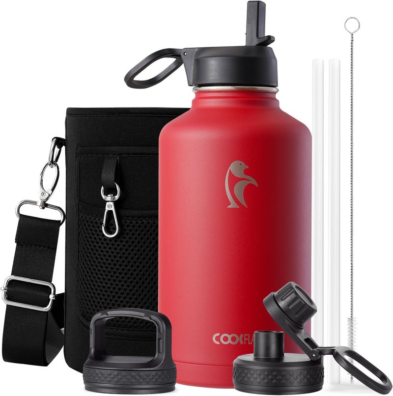 Coolflask Half Gallon Water Bottle Insulated with Straw & 3 Lids, 64 oz Water Jug Large Metal Stainless Steel Wide Mouth for Sports, Gym or Office, Non-BPA Keep Cold 48H Hot 24H, Red - Image 1