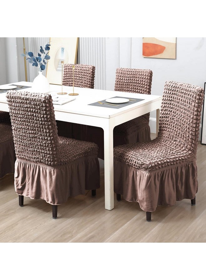 HOKIPO Stretchable Set of 4 Elastic Bubble Dining Chair Slipcovers with Frills, Mocha (AR-5258-MCH*4) - Image 3