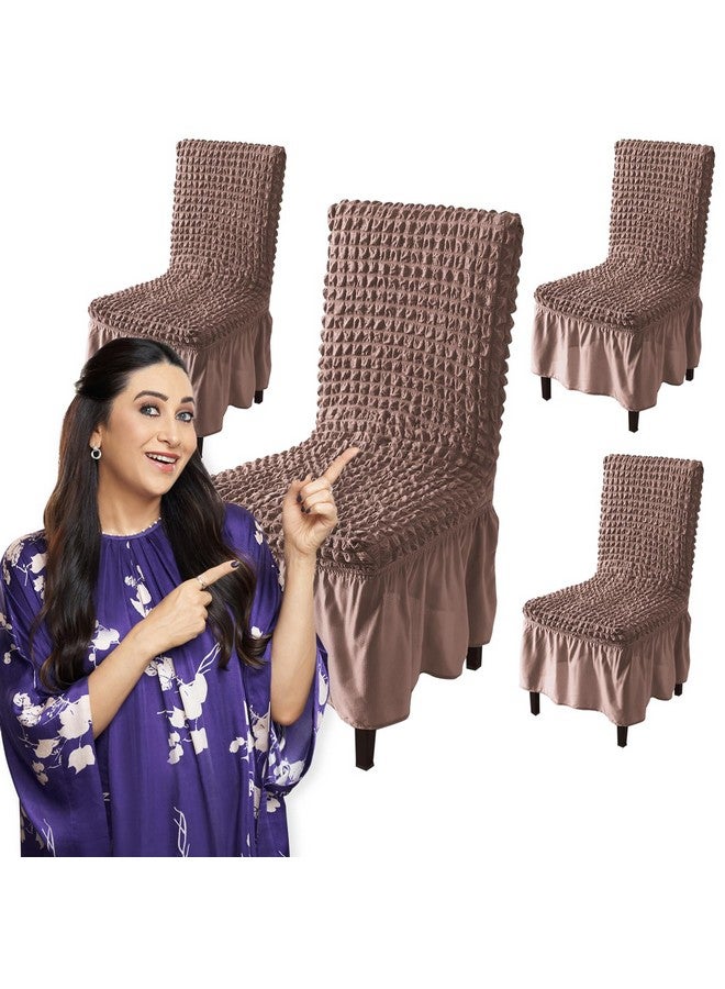 HOKIPO Stretchable Set of 4 Elastic Bubble Dining Chair Slipcovers with Frills, Mocha (AR-5258-MCH*4) - Image 1