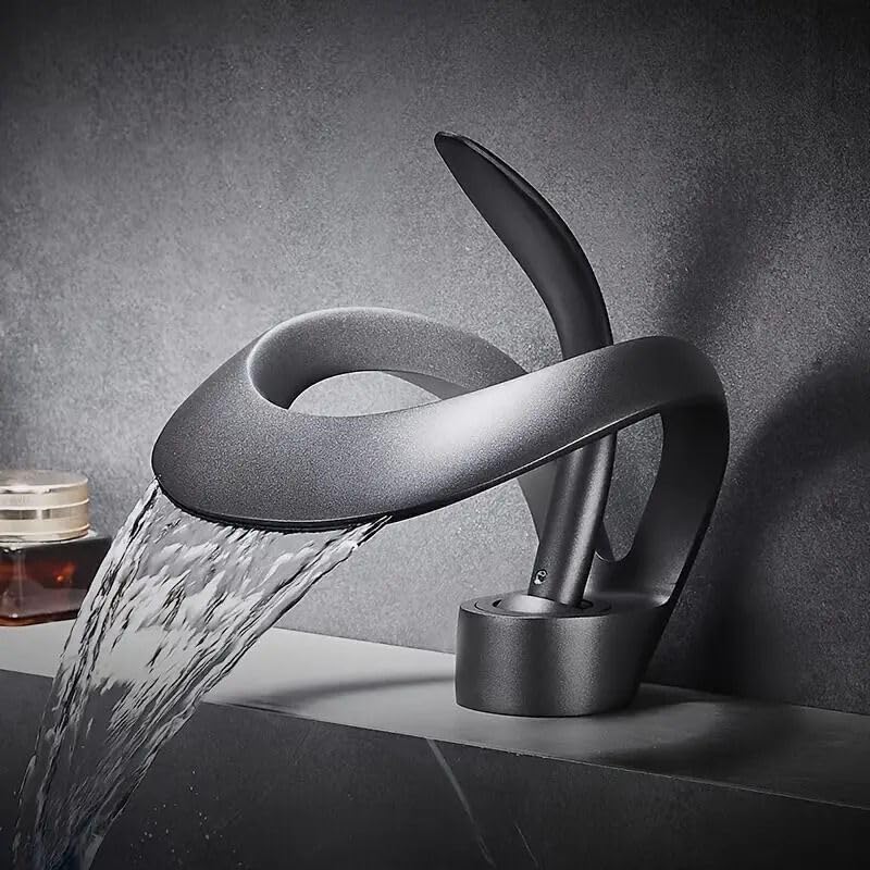 KEYOZA Waterfall Tap Bathroom Single Lever Mixer Tap Basin Mixer Tap Bathroom Sink Undermount Sink Made of Copper for Hot and Cold Mixing Grey - Image 2