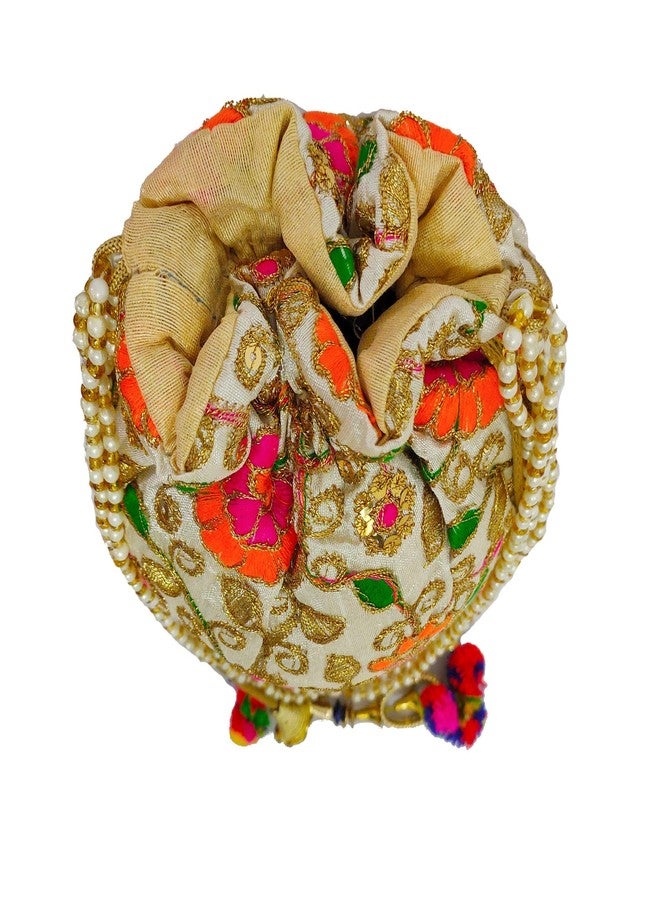 DIVYANA Multicoloured Embroidered Potli Handbag with Fancy Beaded Handle for Party, 5x5x7 Inch - Image 2