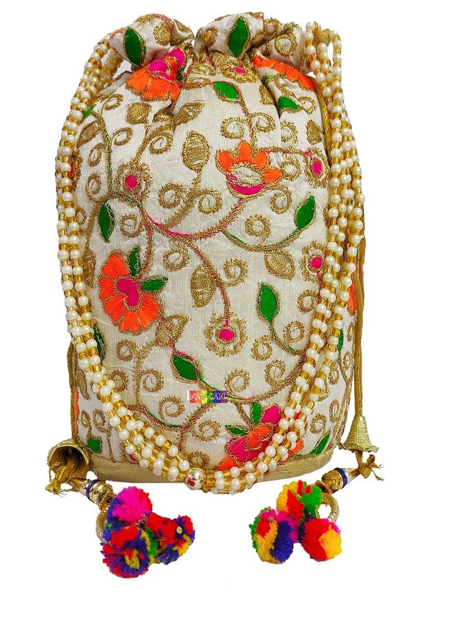 DIVYANA Multicoloured Embroidered Potli Handbag with Fancy Beaded Handle for Party, 5x5x7 Inch - Image 3
