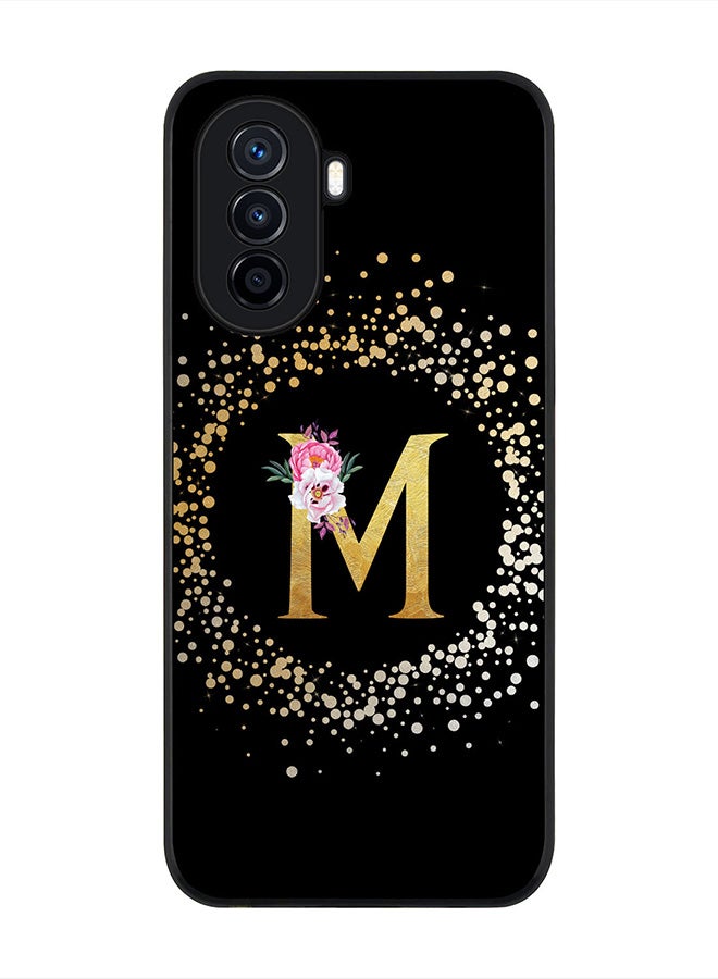 Stylizedd Rugged Black Edge case for Huawei nova Y71, Slim fit Rubber Edges Thin Cover - Custom Monogram Initial Letter Floral Pattern Alphabet - M (Black ) - Image 1