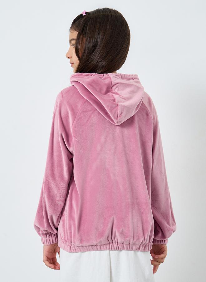 Styli Teens Dark Pink Solid Velvet Look Hoodie - Image 4