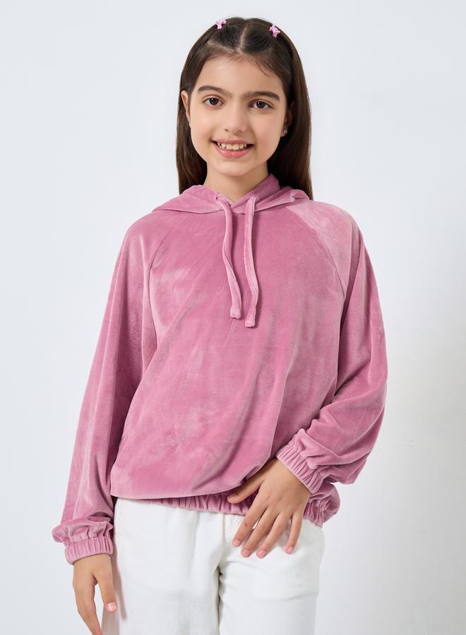 Styli Teens Dark Pink Solid Velvet Look Hoodie - Image 1