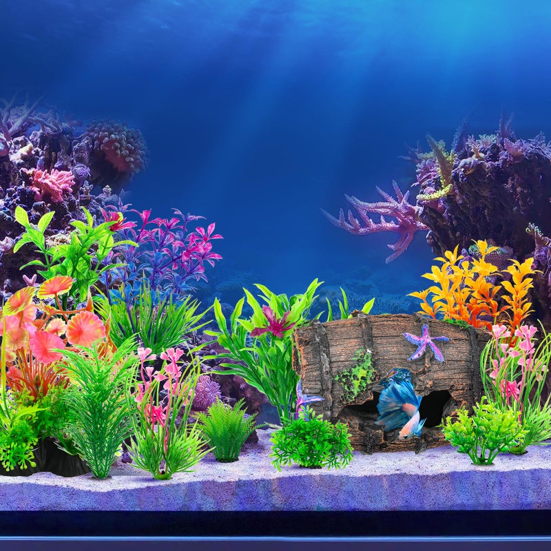 CousDUoBe Fish Broken Barrel Decor Fish Tank Decorations Betta Fish Tank Accessories,Starfish Barrel x 1pc, Aquarium Plants x 11pcs - Image 5