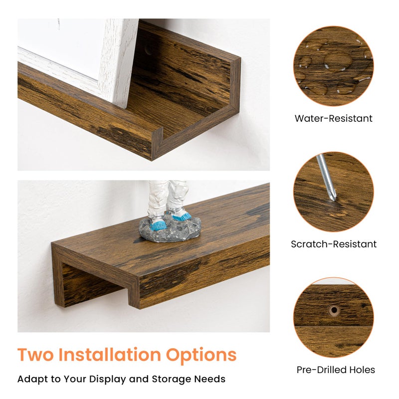 RICHFOCUS Picture Ledge Shelf, 36 inch Floating Shelves Set of 2, Wood Wall Shelves with Lip, Wall Decor Storage for Bedroom Living Room Bathroom Kitchen Nursery Photo Picture, Rustic Brown - Image 5