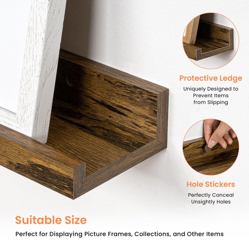 RICHFOCUS Picture Ledge Shelf, 36 inch Floating Shelves Set of 2, Wood Wall Shelves with Lip, Wall Decor Storage for Bedroom Living Room Bathroom Kitchen Nursery Photo Picture, Rustic Brown - Image 4