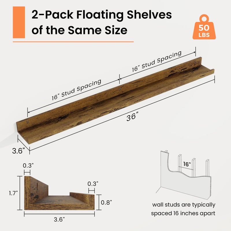 RICHFOCUS Picture Ledge Shelf, 36 inch Floating Shelves Set of 2, Wood Wall Shelves with Lip, Wall Decor Storage for Bedroom Living Room Bathroom Kitchen Nursery Photo Picture, Rustic Brown - Image 3