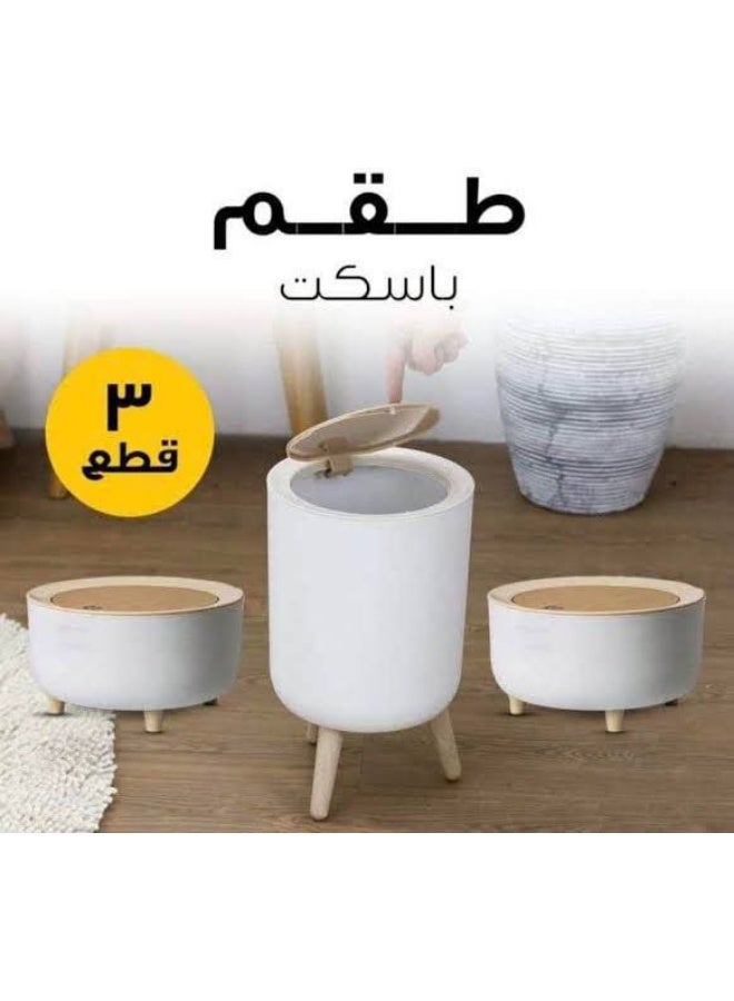 طقم بساكت 3 قطع (باسكت زبالة كبير الحجم  سعة 7 لتر/1.8جالون بالاضافة الي قطعتان صغار الحجم  سعة 2 لتر /0.5  جالون)  مع غطاء علوي يعمل بالضغط، مخلفات نورديك عصرية من البلاستيك مناسبة للمطبخ والحمام وغرفة النوم المعيشة والمكتب والأماكن الخارجية، مقاومة للكلاب، خشب بالضغط على الأعلى - سلة زباله -سلة مهملات دائرية - باسكت قمامه للشاليهات والفلل والبيوت -صندوق قمامة يفتح بالضغط من الاعلي بالضغط - سله نفايات للحمام وغرف النوم والماستر والصالة وللمطبخ - باسكت كبير الحجم  - Image 2