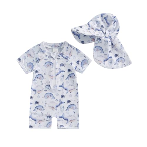 ZyHwShine Toddler Infant Baby Boy Swimsuit Newborn Rash Guard Baby Boys Girls One Piece Zipper Bathing Suit Swimwear with Hat (Blue, 6-12 Months) - Image 1