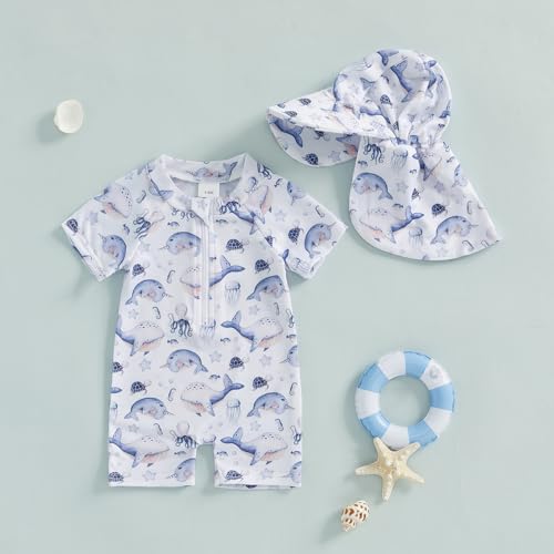 ZyHwShine Toddler Infant Baby Boy Swimsuit Newborn Rash Guard Baby Boys Girls One Piece Zipper Bathing Suit Swimwear with Hat (Blue, 6-12 Months) - Image 2