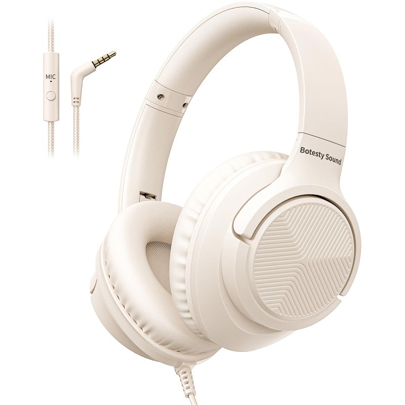 Botesty Sound Headphones Wired with Microphone, Over Ear Foldable 3.5mm Plug in Headphones Corded with 4.9ft Tangle-Free Nylon Cord for Tablet, Laptop, MP3/4, School, Airplane Travel (Beige) - Image 1