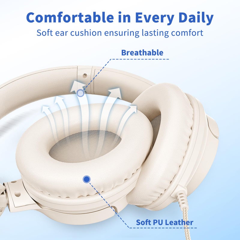 Botesty Sound Headphones Wired with Microphone, Over Ear Foldable 3.5mm Plug in Headphones Corded with 4.9ft Tangle-Free Nylon Cord for Tablet, Laptop, MP3/4, School, Airplane Travel (Beige) - Image 4