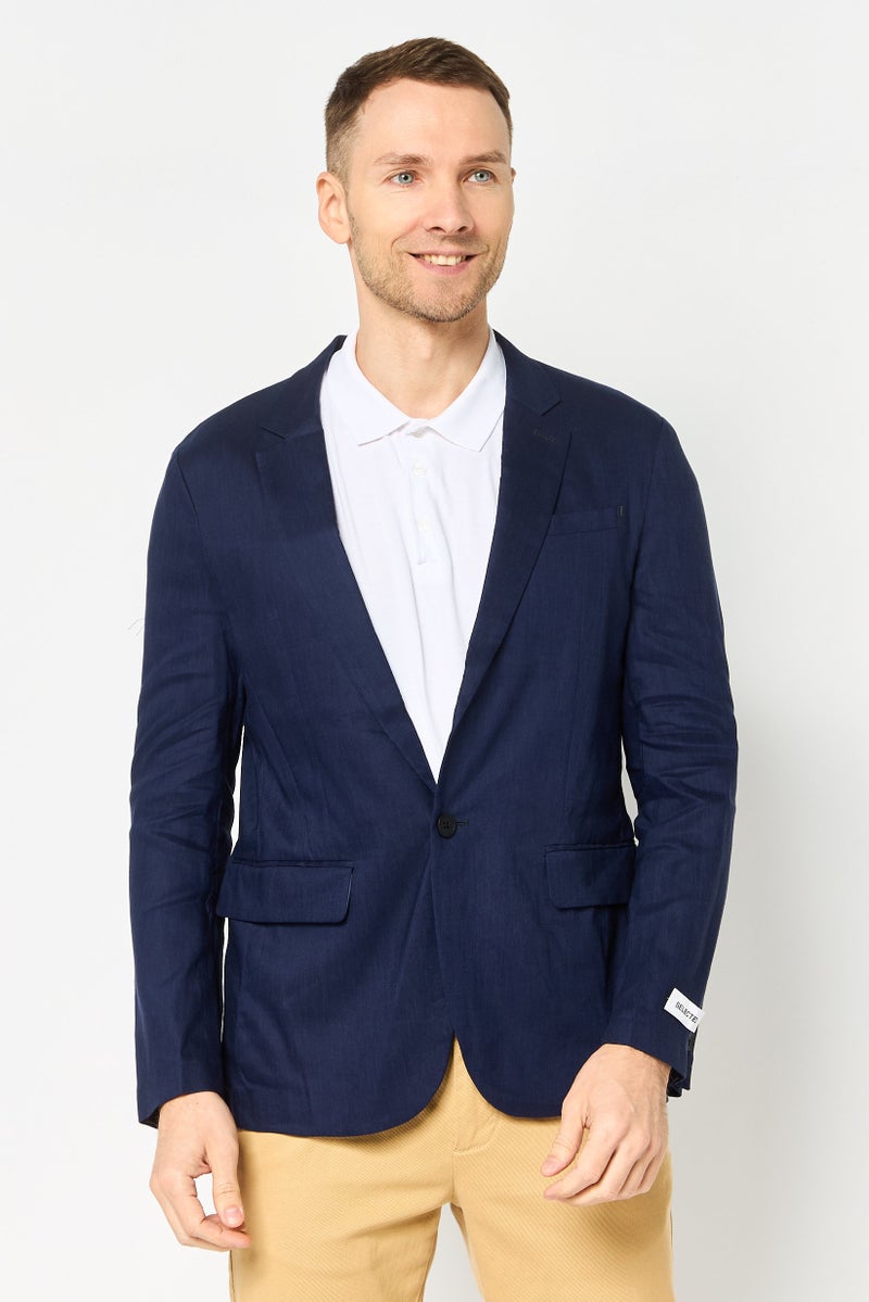 SELECTED Men Regular Fit Chambray Semi Formal Blazer, Navy - Image 1