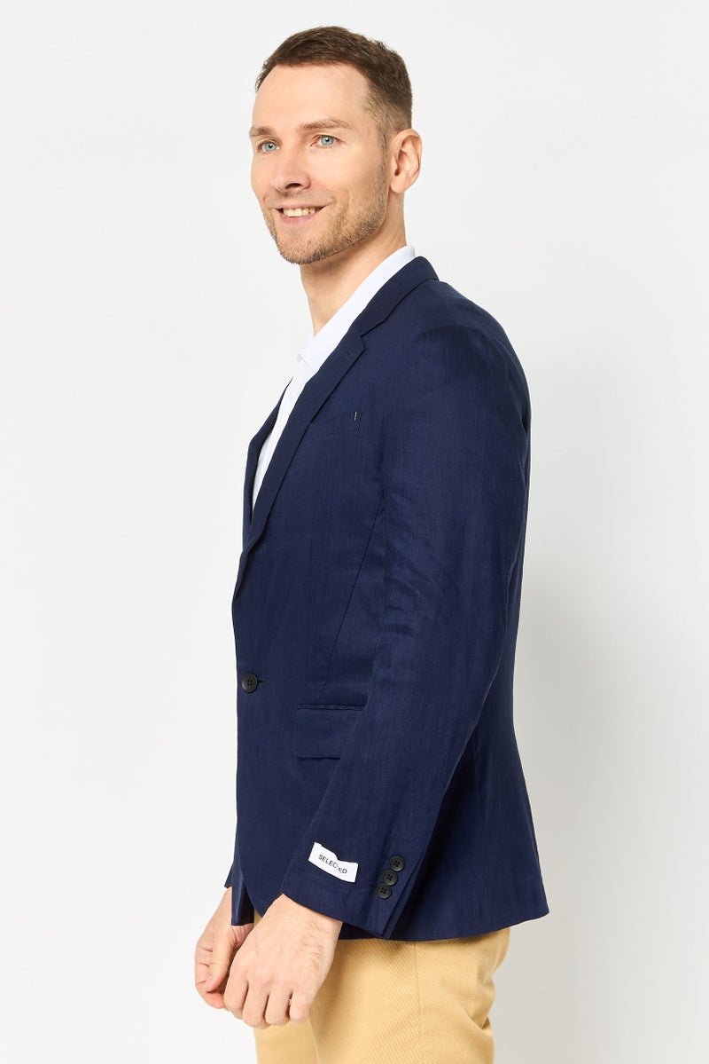 SELECTED Men Regular Fit Chambray Semi Formal Blazer, Navy - Image 3