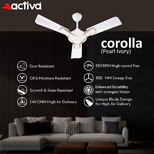 ACTIVA Corolla 900 MM Ceiling Fan High Speed Motor Air Delivery Large Sweep Cooper Winding Motors with Anti Dust Coating come with 2 Years Warranty (Pearl Ivory) - Image 2