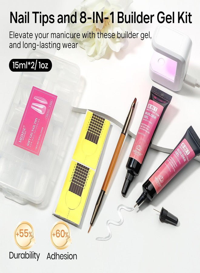 MIZHSE طقم أظافر جل MIZHSE، أظافر مزيفة طويلة على شكل كوفين، جل بناء 8 في 1 للأظافر وضوء UV محمول صغير، 240 قطعة نصائح أظافر نصف غير لامعة لتمديد الأظافر، صالون أظافر DIY للنساء والفتيات - Image 5