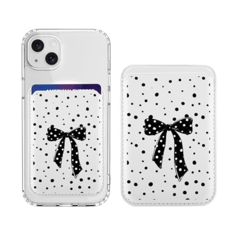 Magnetic Wallet Compatible with MagSafe for iPhone 17/16/15/14/13/12 Series, Cute Black Ribbon Bow Polka Dot White Leather for Magsafe Card Holder for Women Teen Girls - Image 1