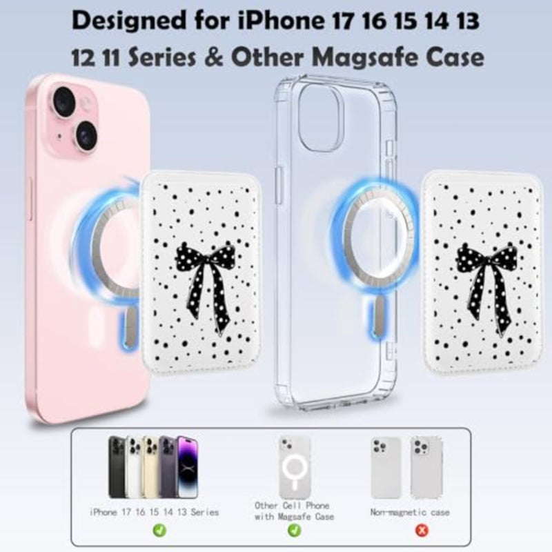 Magnetic Wallet Compatible with MagSafe for iPhone 17/16/15/14/13/12 Series, Cute Black Ribbon Bow Polka Dot White Leather for Magsafe Card Holder for Women Teen Girls - Image 3