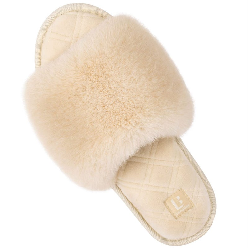 LongBay Women's Fuzzy Faux Fur Memory Foam Cozy Flat Spa Slide Slippers Comfy Open Toe Slip On House Shoes Sandals (Large/ 9-10,Cream) - Image 1