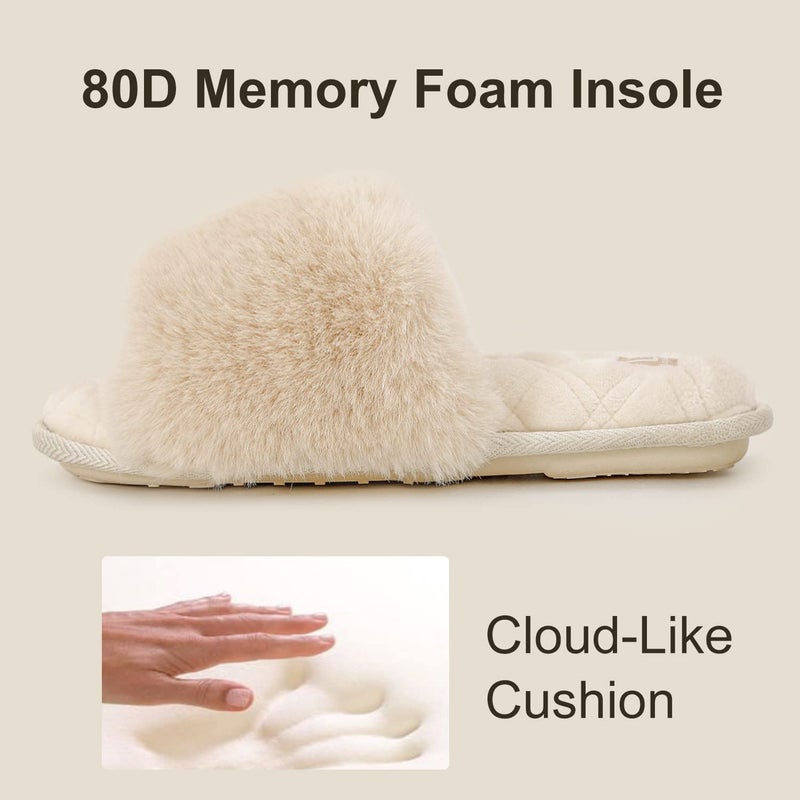 LongBay Women's Fuzzy Faux Fur Memory Foam Cozy Flat Spa Slide Slippers Comfy Open Toe Slip On House Shoes Sandals (Large/ 9-10,Cream) - Image 5