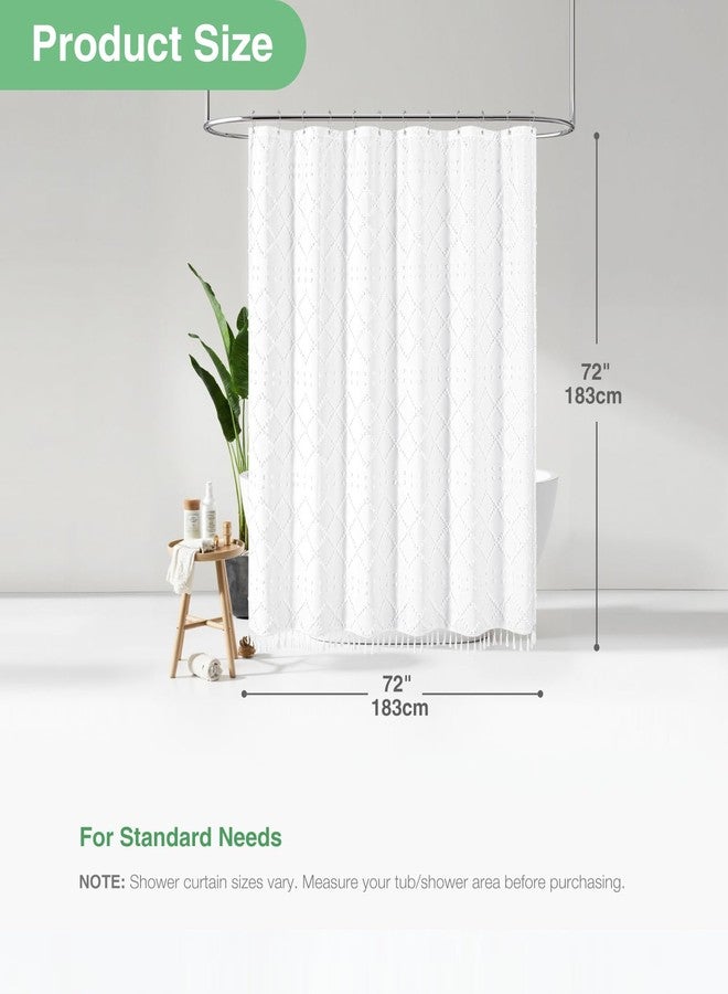 Dynamene White Fabric Shower Curtain, Boho Tufted Geometric Striped Tassel Shower Curtain for Bathroom, Shabby Chic Textured Modern Farmhouse Waterproof Cloth Shower Curtain Set, Wrinkle Free, 72x72 - Image 4
