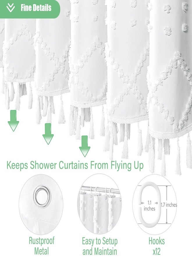 Dynamene White Fabric Shower Curtain, Boho Tufted Geometric Striped Tassel Shower Curtain for Bathroom, Shabby Chic Textured Modern Farmhouse Waterproof Cloth Shower Curtain Set, Wrinkle Free, 72x72 - Image 5