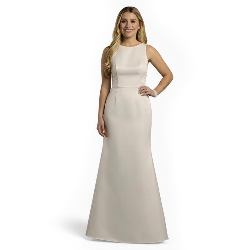 David's Bridal The Edit High Neck Satin Bow Back Mermaid Wedding Dress, Soft White Modern Bridal Gown with Fitted Silhouette for Ceremonies, City Hall Weddings and Elegant Celebrations - Image 1
