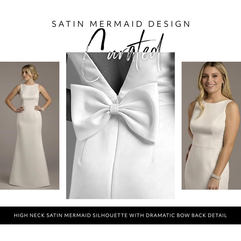David's Bridal The Edit High Neck Satin Bow Back Mermaid Wedding Dress, Soft White Modern Bridal Gown with Fitted Silhouette for Ceremonies, City Hall Weddings and Elegant Celebrations - Image 3