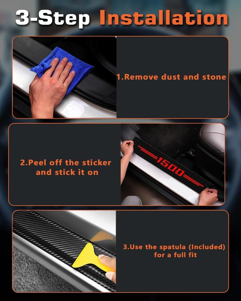 LINOAH Door Sill Protectors for RAM 1500, Carbon Fiber Leather Door Sill Sticker for Dodge RAM 1500 Door Sill Guards, Car Interior Decoration, Pack of 4, Red - Image 2