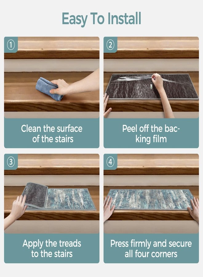 sarben Carpet Stair Treads Non Slip 15PCS, 8" X 30" Edging Stair Runner for Wooden Steps Indoor, Resistant Stair Rugs with Reusable TPE Adhesive Backing, Residue Free Mat for Kids, Elders, Pets, Teal - Image 5