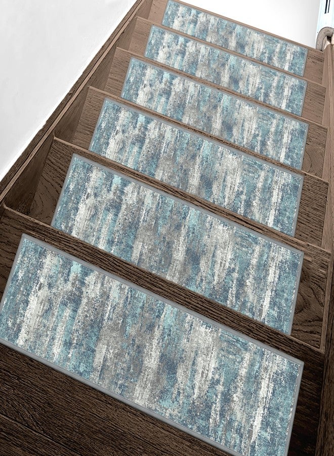 sarben Carpet Stair Treads Non Slip 15PCS, 8" X 30" Edging Stair Runner for Wooden Steps Indoor, Resistant Stair Rugs with Reusable TPE Adhesive Backing, Residue Free Mat for Kids, Elders, Pets, Teal - Image 1