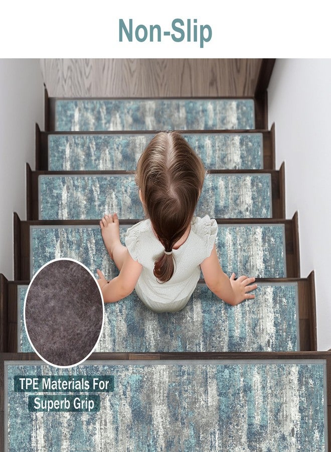 sarben Carpet Stair Treads Non Slip 15PCS, 8" X 30" Edging Stair Runner for Wooden Steps Indoor, Resistant Stair Rugs with Reusable TPE Adhesive Backing, Residue Free Mat for Kids, Elders, Pets, Teal - Image 3