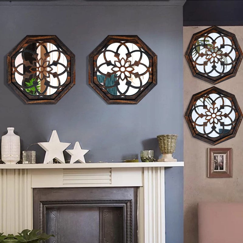 ZOLAPI 2-Piece Octagon Wall-Mounted Mirrors,Vintage Farmhouse Mirror for Wall Decor,Caramel Color Decorative Accent Mirror for Foyer, Bathroom, Bedroom. (12â€x12â€) - Image 3