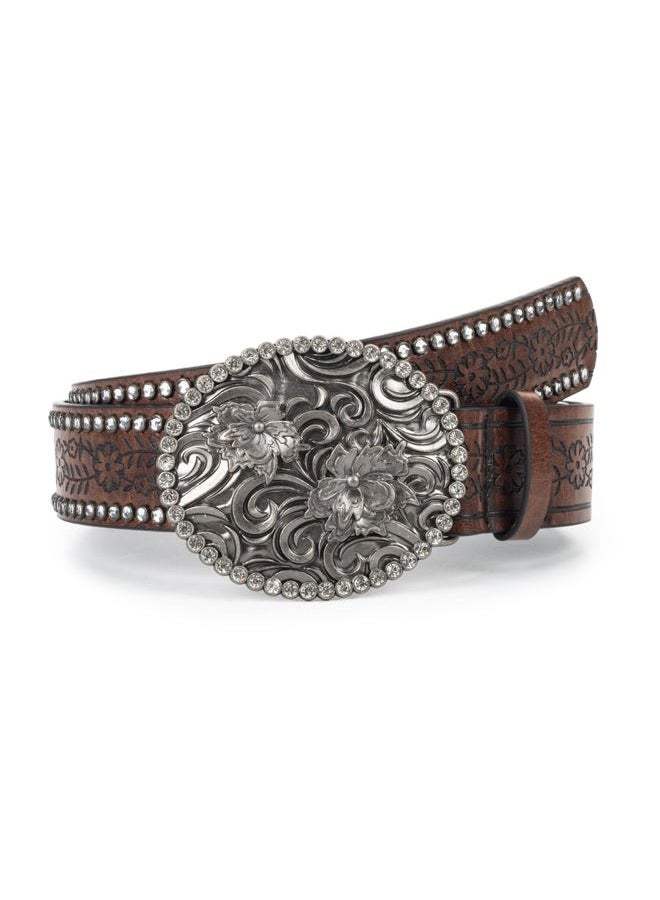 Mealah Womens-Western-Belt Rhinestone-Cowboy-Cowgirl Belt - Embossed PU-Leather Belt with Diamond Flower-Buckle(for 31-38''), Coffee With Diamond, for 31" to 38"waist - Image 4