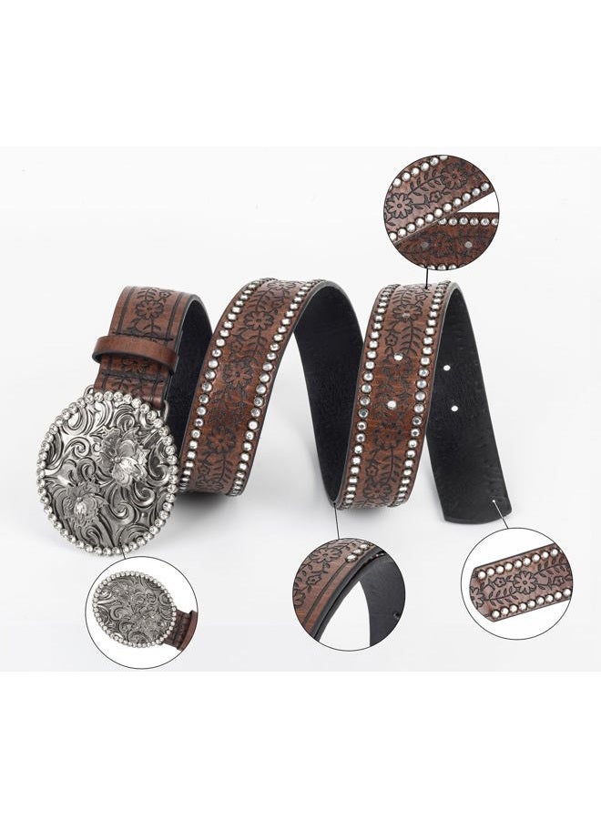 Mealah Womens-Western-Belt Rhinestone-Cowboy-Cowgirl Belt - Embossed PU-Leather Belt with Diamond Flower-Buckle(for 31-38''), Coffee With Diamond, for 31" to 38"waist - Image 3