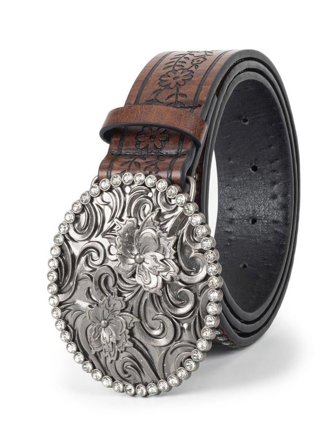 Mealah Womens-Western-Belt Rhinestone-Cowboy-Cowgirl Belt - Embossed PU-Leather Belt with Diamond Flower-Buckle(for 31-38''), Coffee With Diamond, for 31" to 38"waist - Image 1