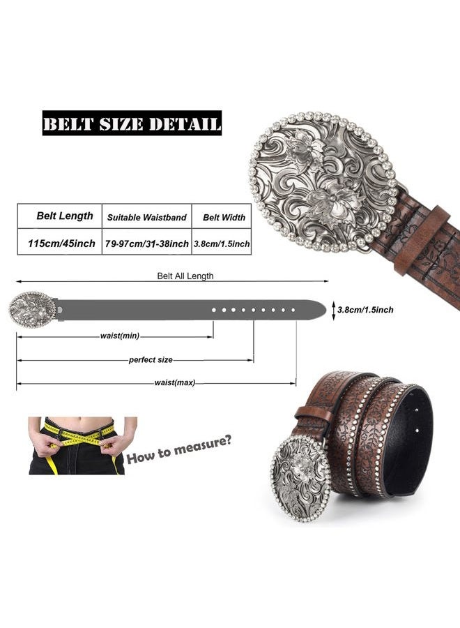 Mealah Womens-Western-Belt Rhinestone-Cowboy-Cowgirl Belt - Embossed PU-Leather Belt with Diamond Flower-Buckle(for 31-38''), Coffee With Diamond, for 31" to 38"waist - Image 2