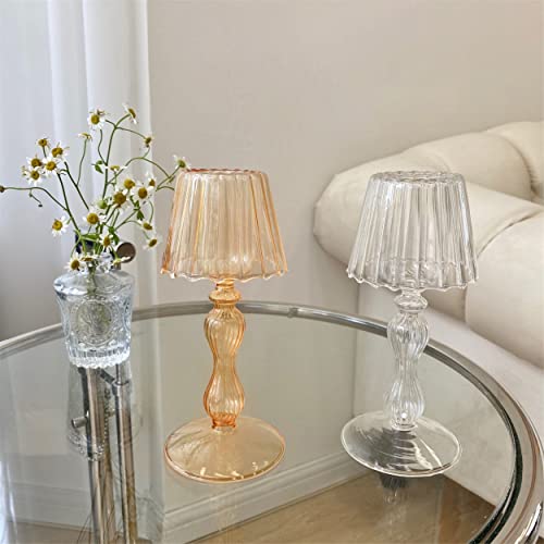 Gurfuy Desk Lamp Shaped Glass Candle Holder - Glass Hurricane Candleholder Crystal Decorative Candle Stand for Table Wedding Dinning Centerpieces Party Supplies Decor Amber - Image 3