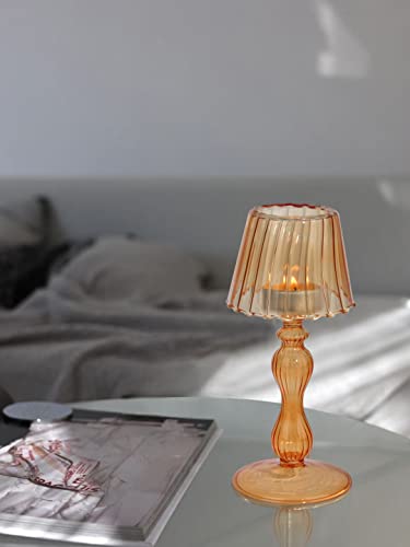 Gurfuy Desk Lamp Shaped Glass Candle Holder - Glass Hurricane Candleholder Crystal Decorative Candle Stand for Table Wedding Dinning Centerpieces Party Supplies Decor Amber - Image 5