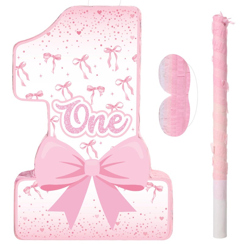 Blosssound Pink Bow PiÃ±ata Girl 1st Birthday Party Decorations Supplies Number One PiÃ±ata Set with Stick Blindfold for Pink Coquette Theme Birthday Baby Shower Celebration Decorations (Bow) - Image 1