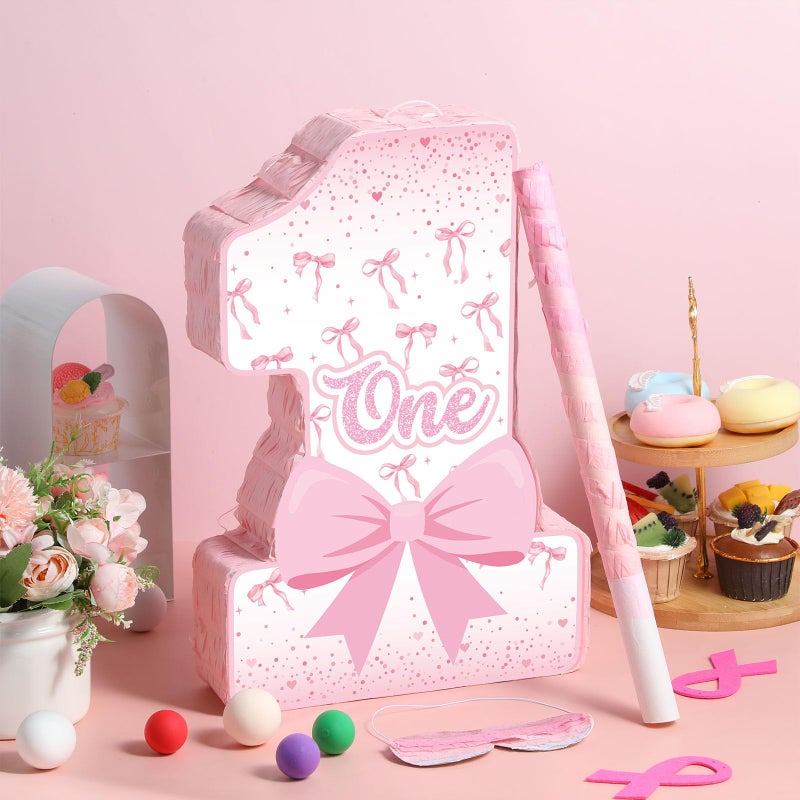 Blosssound Pink Bow PiÃ±ata Girl 1st Birthday Party Decorations Supplies Number One PiÃ±ata Set with Stick Blindfold for Pink Coquette Theme Birthday Baby Shower Celebration Decorations (Bow) - Image 4