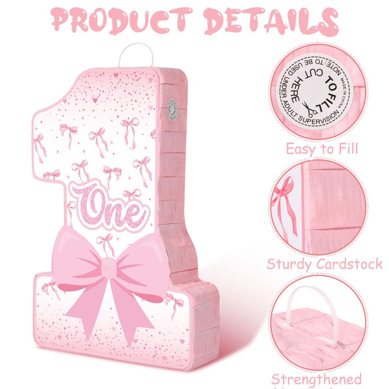 Blosssound Pink Bow PiÃ±ata Girl 1st Birthday Party Decorations Supplies Number One PiÃ±ata Set with Stick Blindfold for Pink Coquette Theme Birthday Baby Shower Celebration Decorations (Bow) - Image 3