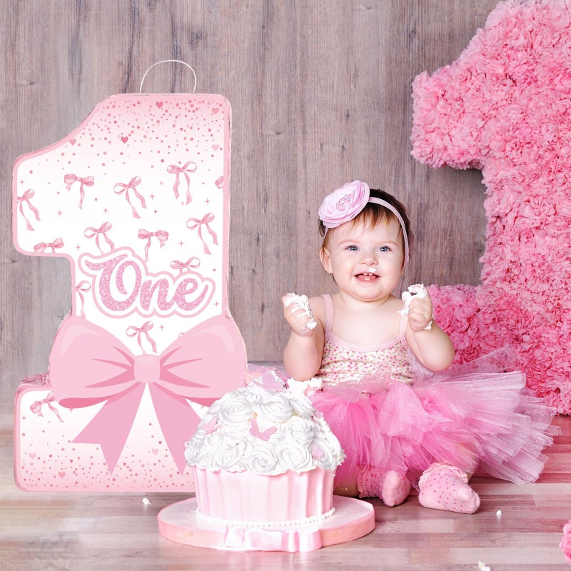Blosssound Pink Bow PiÃ±ata Girl 1st Birthday Party Decorations Supplies Number One PiÃ±ata Set with Stick Blindfold for Pink Coquette Theme Birthday Baby Shower Celebration Decorations (Bow) - Image 5