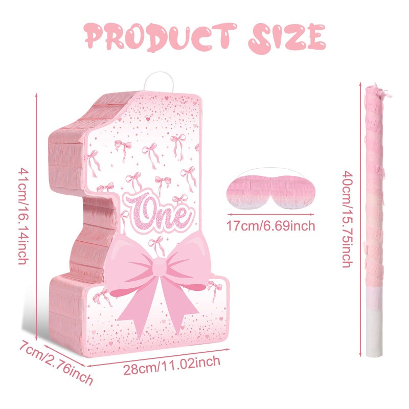 Blosssound Pink Bow PiÃ±ata Girl 1st Birthday Party Decorations Supplies Number One PiÃ±ata Set with Stick Blindfold for Pink Coquette Theme Birthday Baby Shower Celebration Decorations (Bow) - Image 2