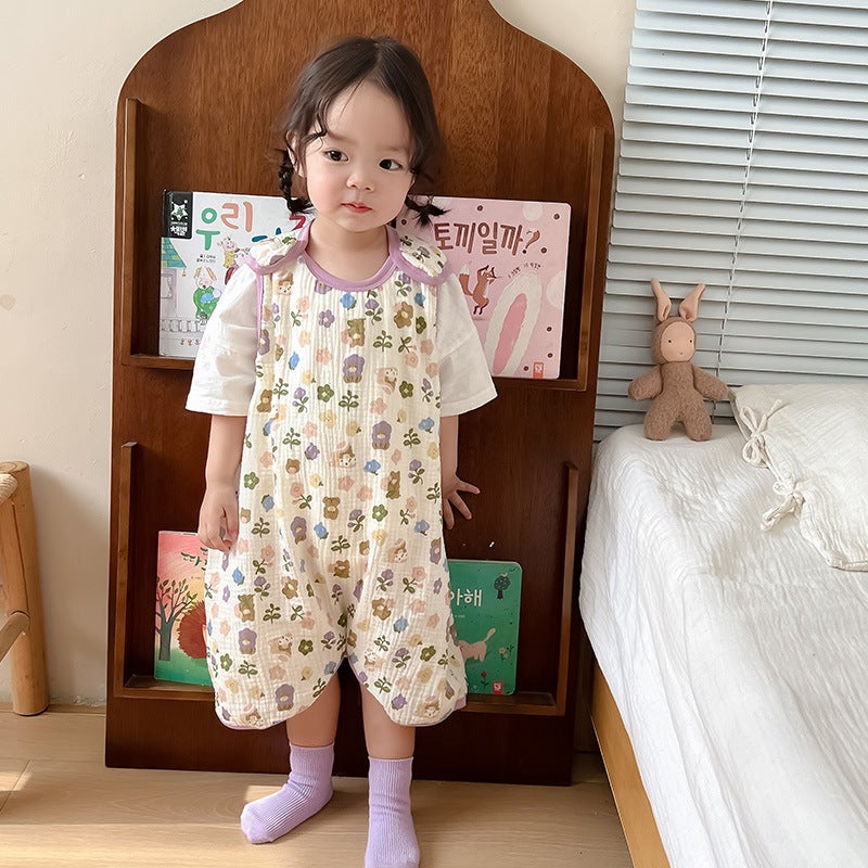 Baby Vest Sleeping Bag Summer Thin Gauze Pure Cotton Baby Kick-proof Sleeveless Childrens Pajamas Air-conditioned Room Anti-cold Little bear flower (a seersucker) four in front and two in back