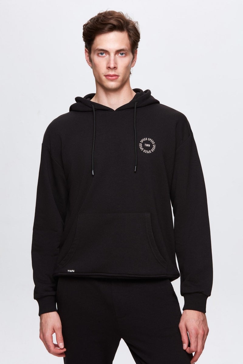 twn Oversize Black Printed 3 Thread Hooded Sweatshirt  - Image 1