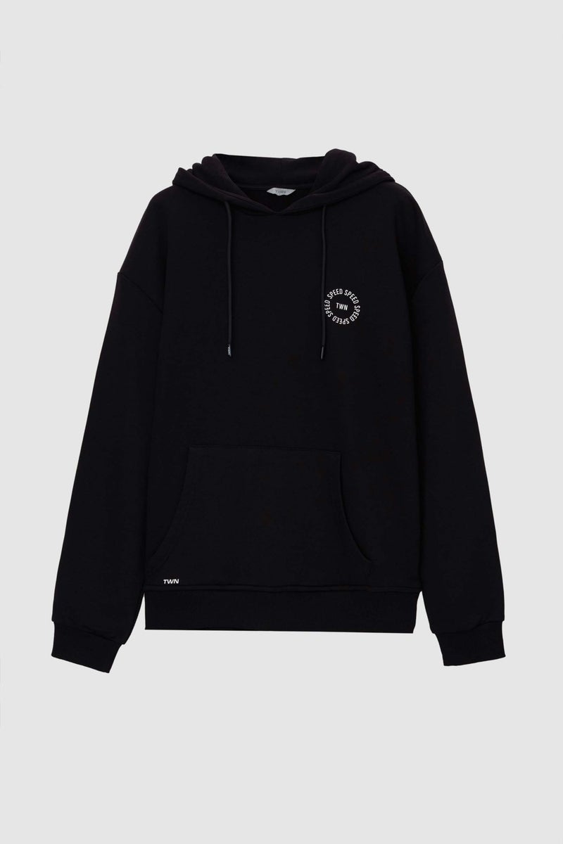 twn Oversize Black Printed 3 Thread Hooded Sweatshirt  - Image 5