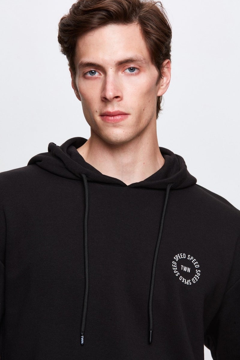 twn Oversize Black Printed 3 Thread Hooded Sweatshirt  - Image 2